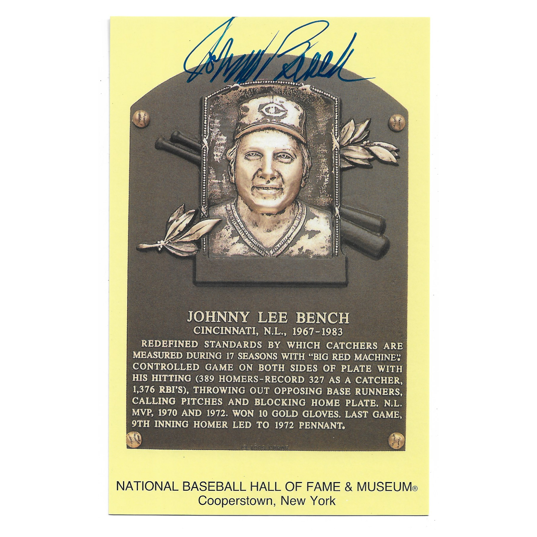 Johnny Bench Autographed Hall of Fame Plaque Postcard (Fanatics)