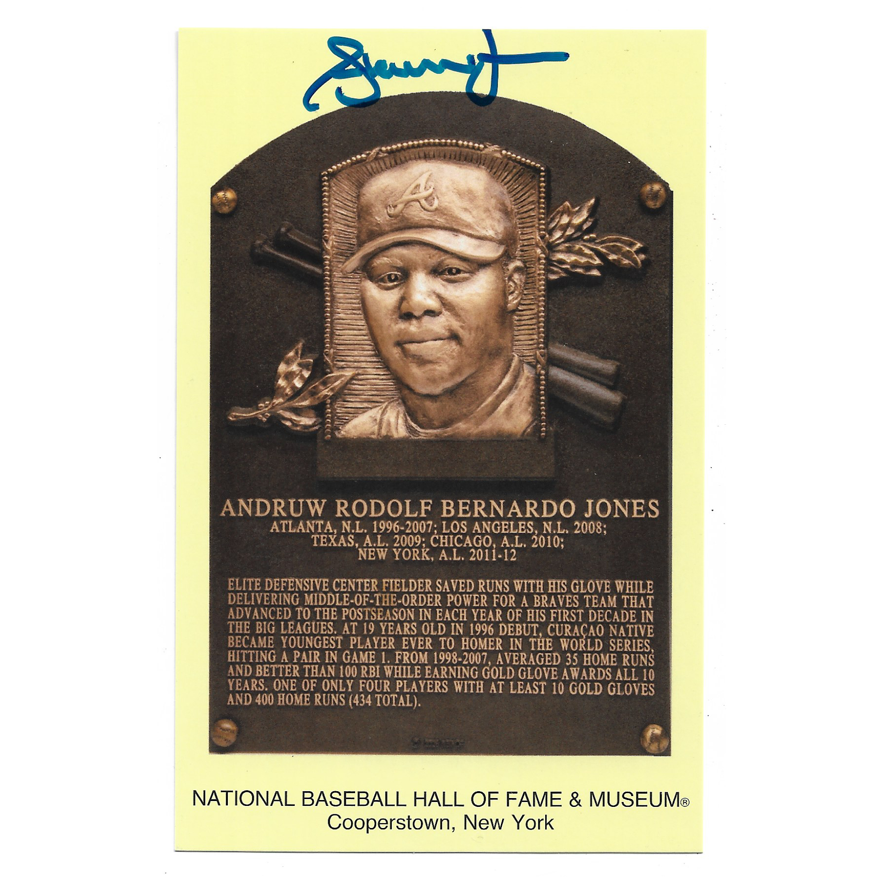 Andruw Jones Autographed Hall of Fame Plaque Postcard (Beckett)