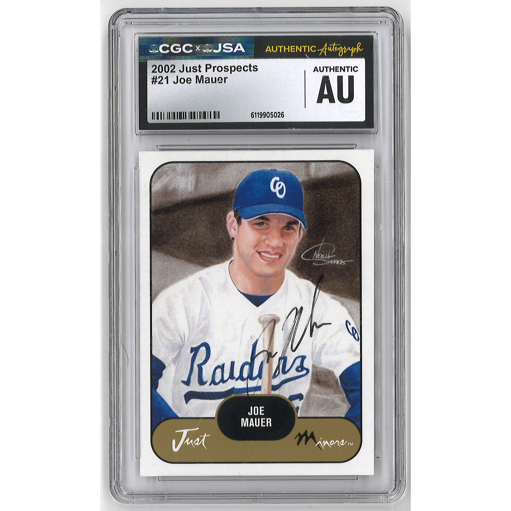 Joe Mauer Autographed Card 2002 Just Minors Just Prospects # 21 Pre-Rookie Card (JSA/CGC)
