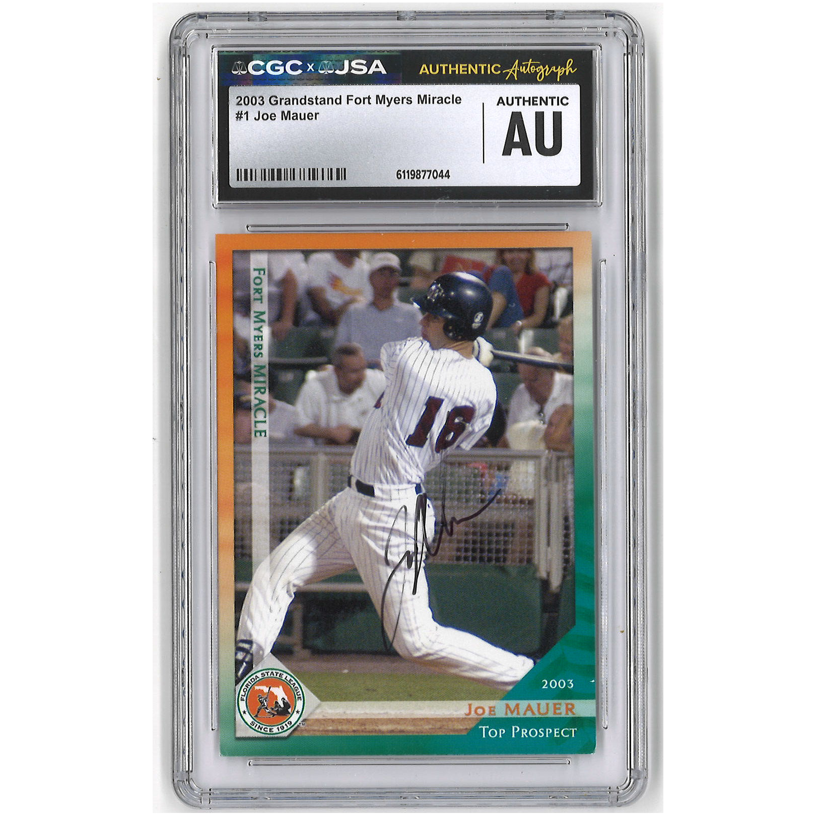 Joe Mauer Autographed Card 2003 Grandstand Fort Myers Miracle # 1 Pre-Rookie Card (JSA/CGC)