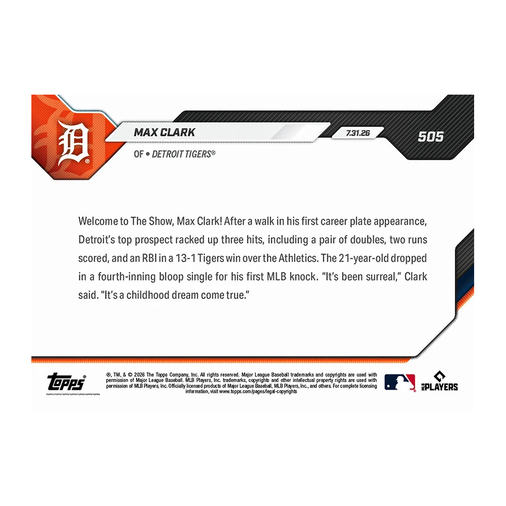 Max Clark Detroit Tigers 2026 Topps Now # 505 Rookie Card