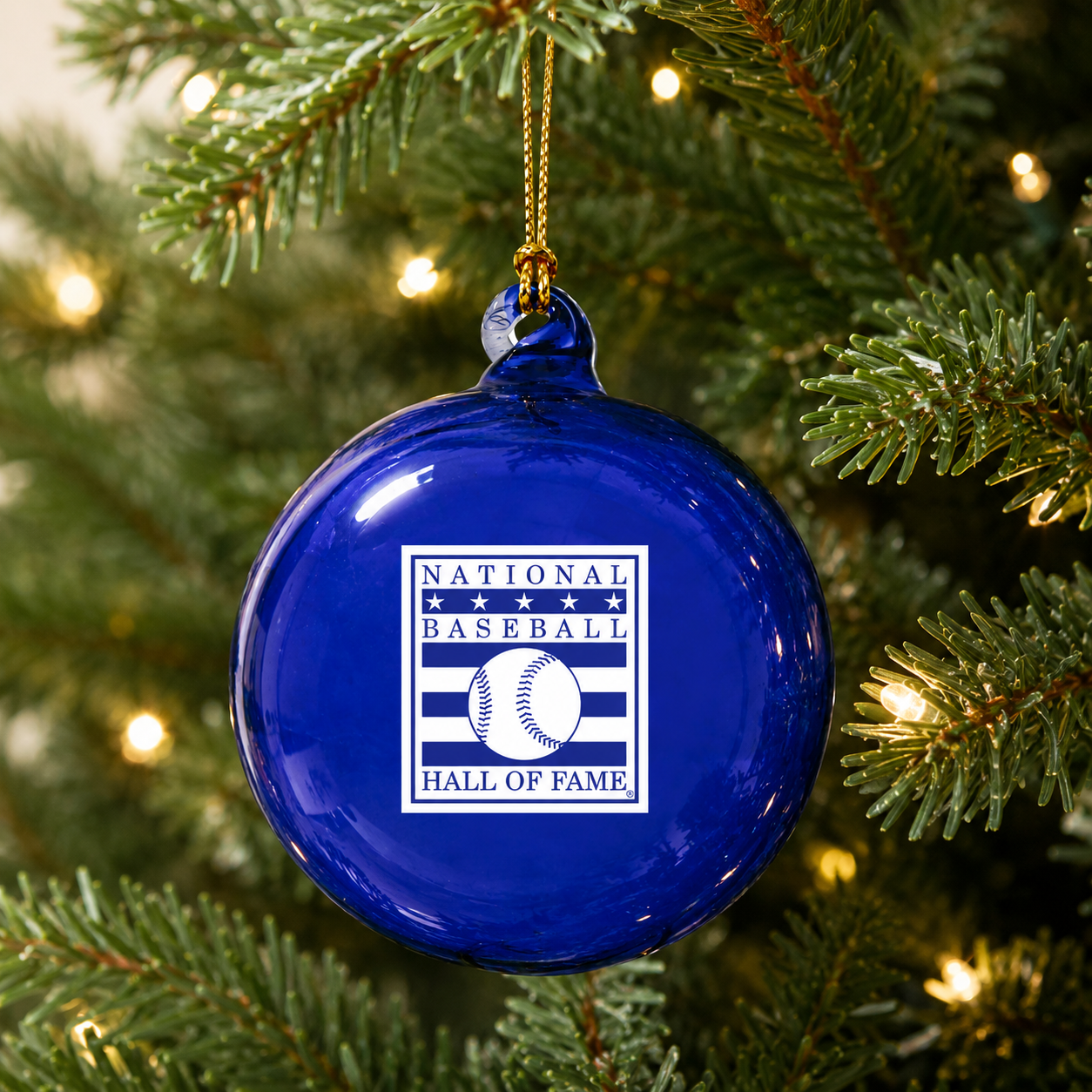 Baseball Hall of Fame Blue Glass Bulb Holiday Ornament