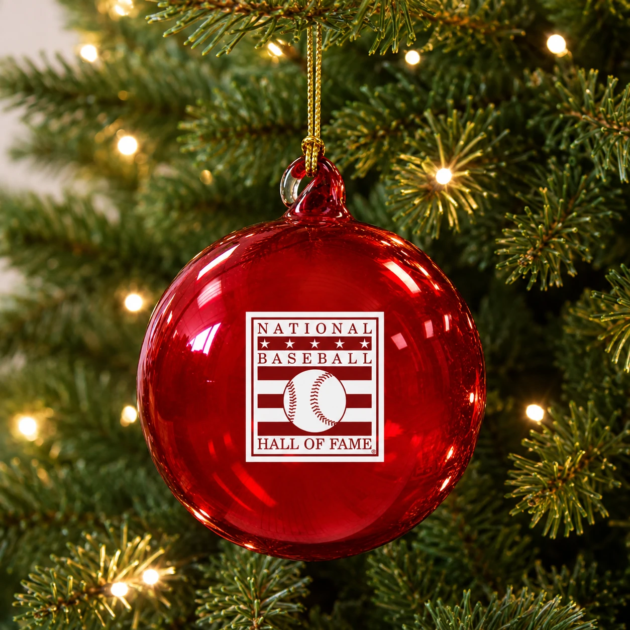 Baseball Hall of Fame Red Glass Bulb Holiday Ornament