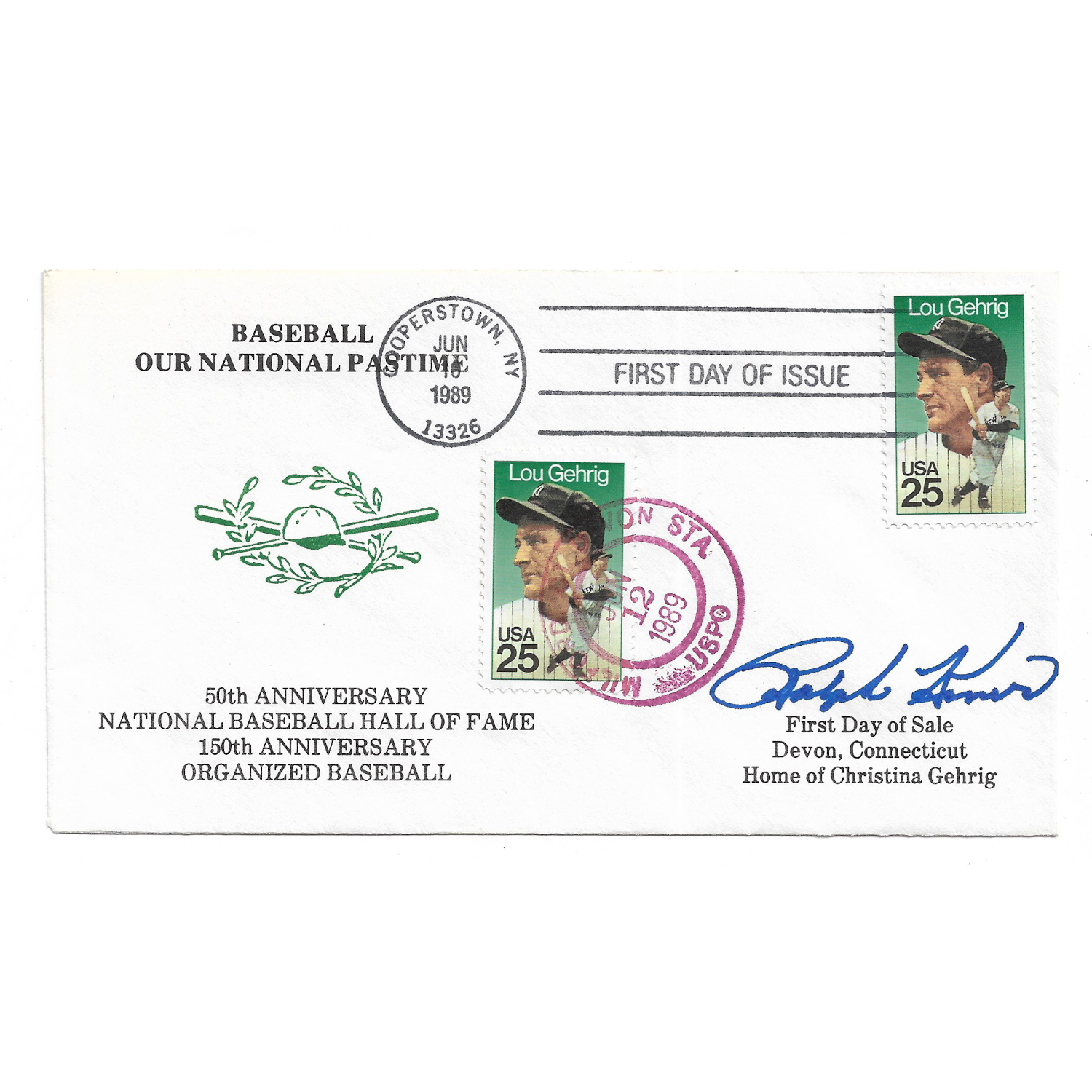 Ralph Kiner Autographed First Day Cover - 1989 Lou Gehrig (JSA)