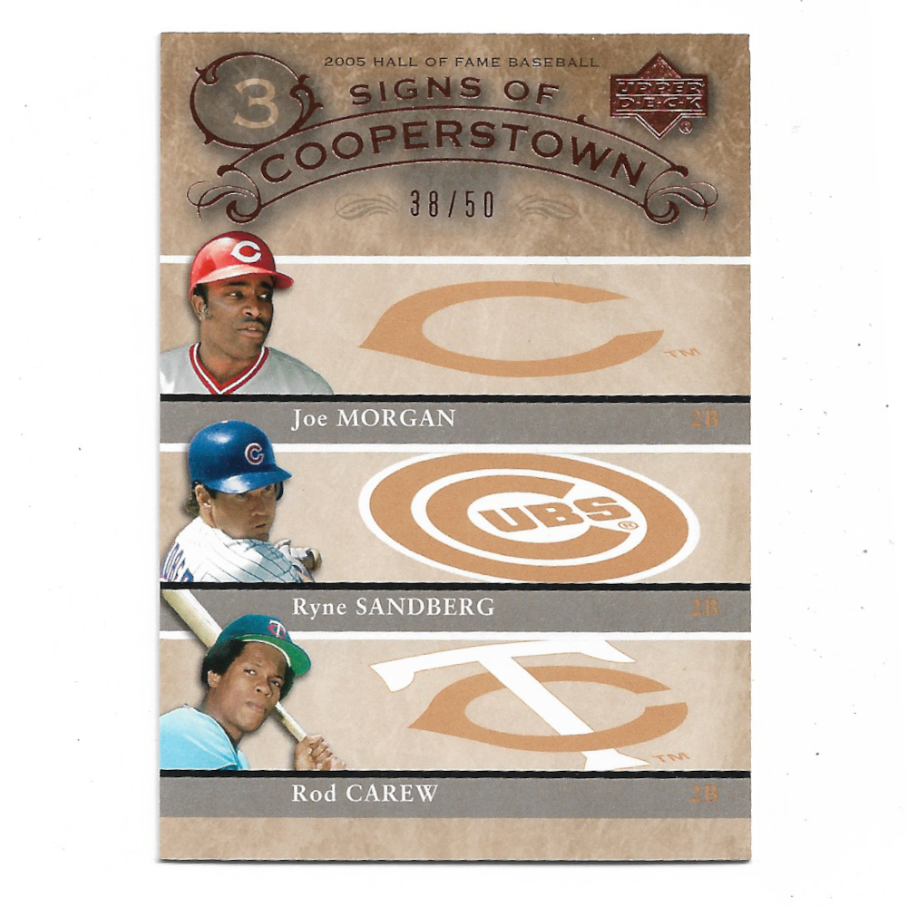 Joe Morgan, Ryne Sandberg and Rod Carew 2005 Upper Deck HOF Baseball Signs of Cooperstown # MSC Ltd Ed of 50