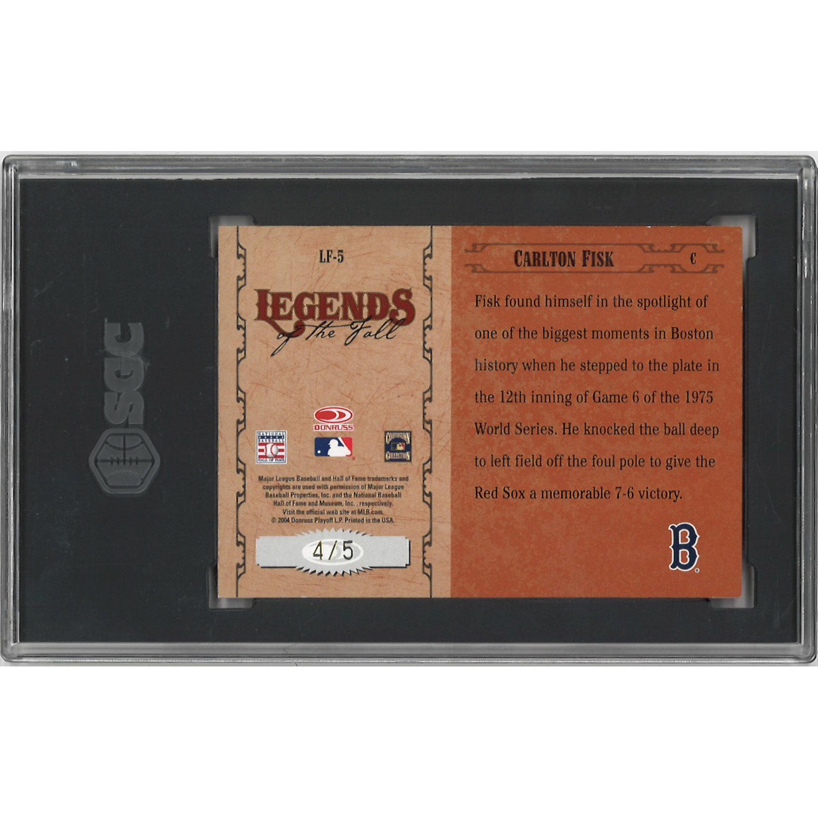Carlton Fisk Autographed Card 2004 Donruss Elite World Series Legends of the Fall Signatures # LF-3 Ltd Ed of 5