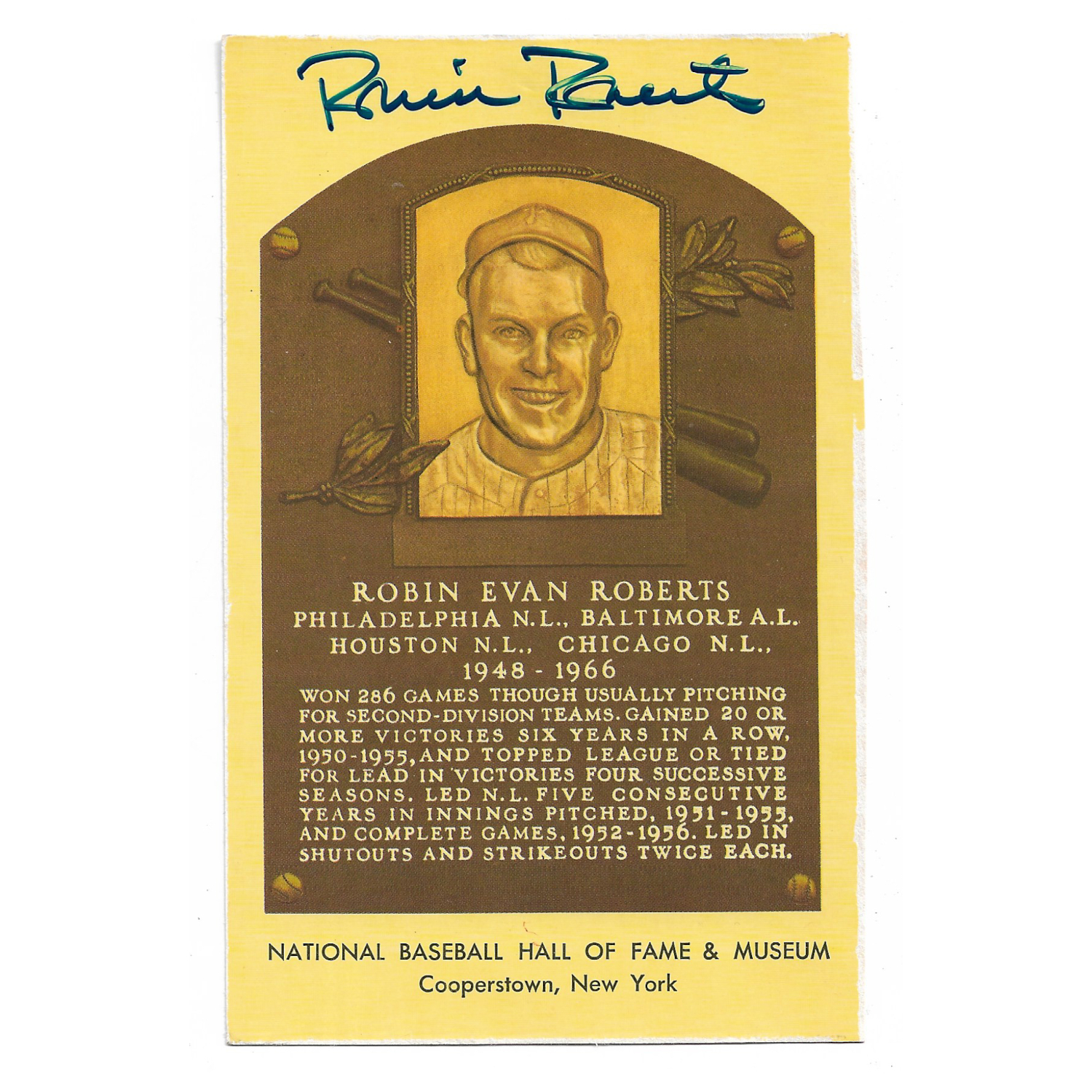Robin Roberts Autographed Hall of Fame Plaque Postcard (PSA-77)