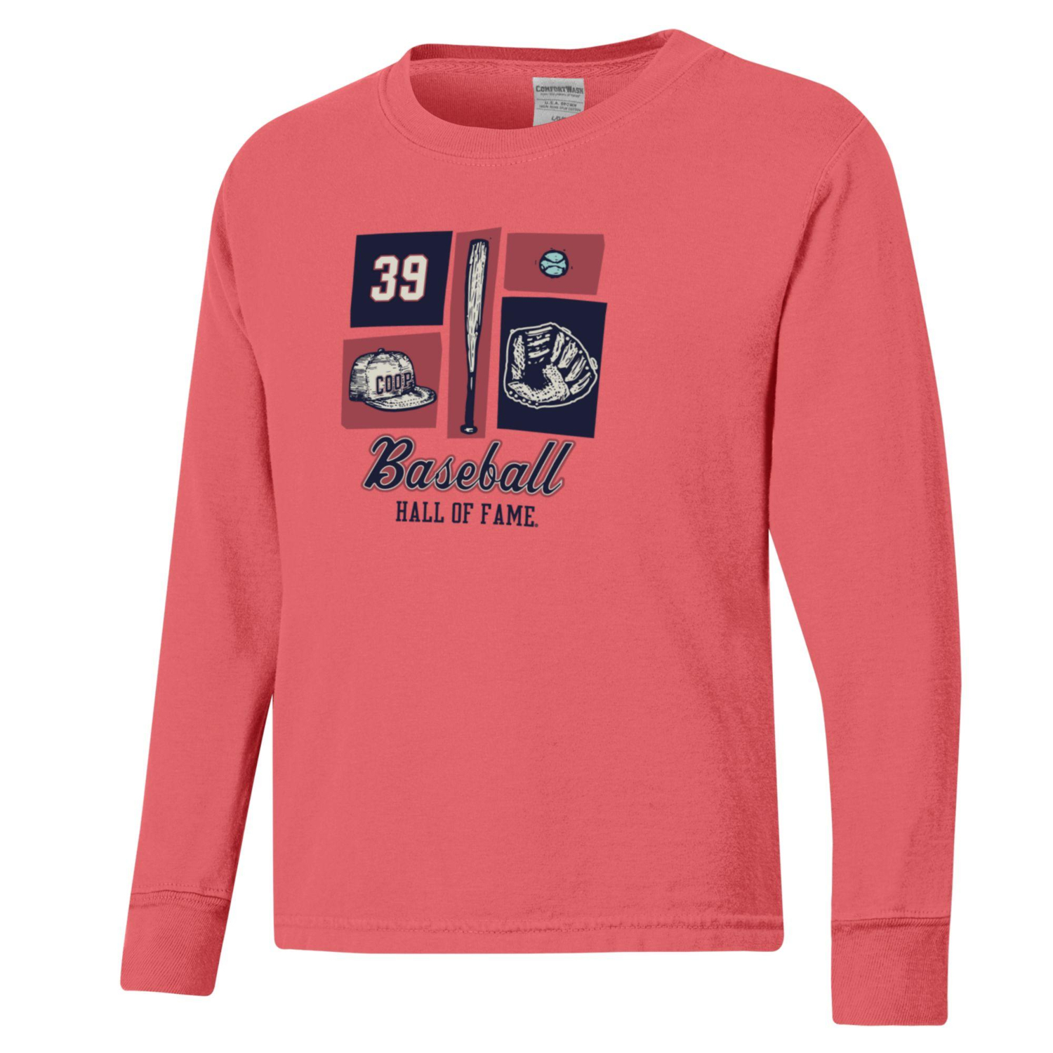 Youth Baseball Hall of Fame Comfort Wash Coral Long Sleeve T-Shirt