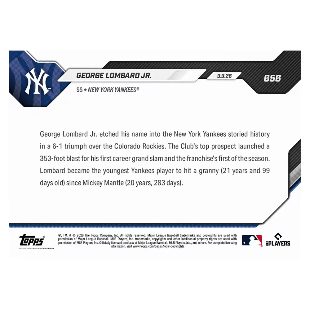 George Lombard Jr. New York Yankees 2026 Topps Now # 656 Rookie Card