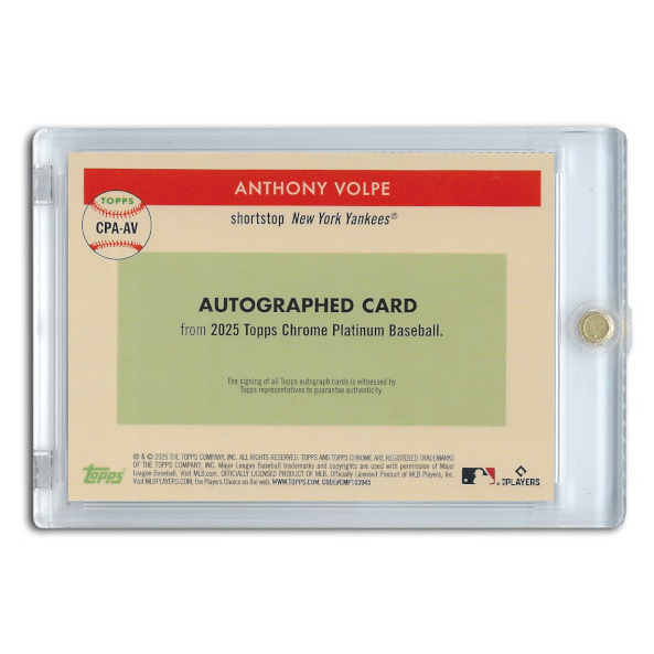 Anthony Volpe Autographed Card 2025 Topps Chrome Platinum Anniversary Aqua # CPA-AV Ltd Ed of 150