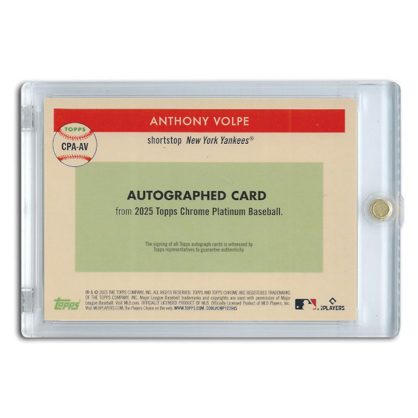 Anthony Volpe Autographed Card 2025 Topps Chrome Platinum Anniversary Blue # CPA-AV Ltd Ed of 99