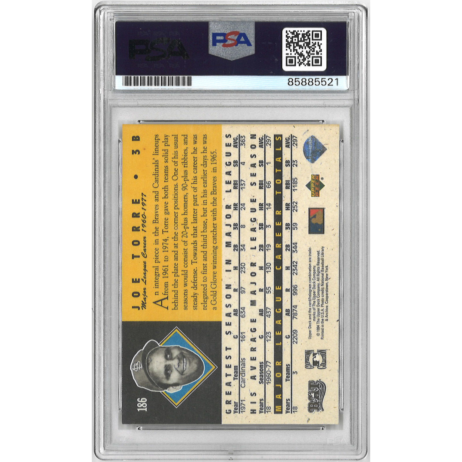 Joe Torre Autographed Card 1994 Upper Deck All Time Heroes # 186 (PSA)
