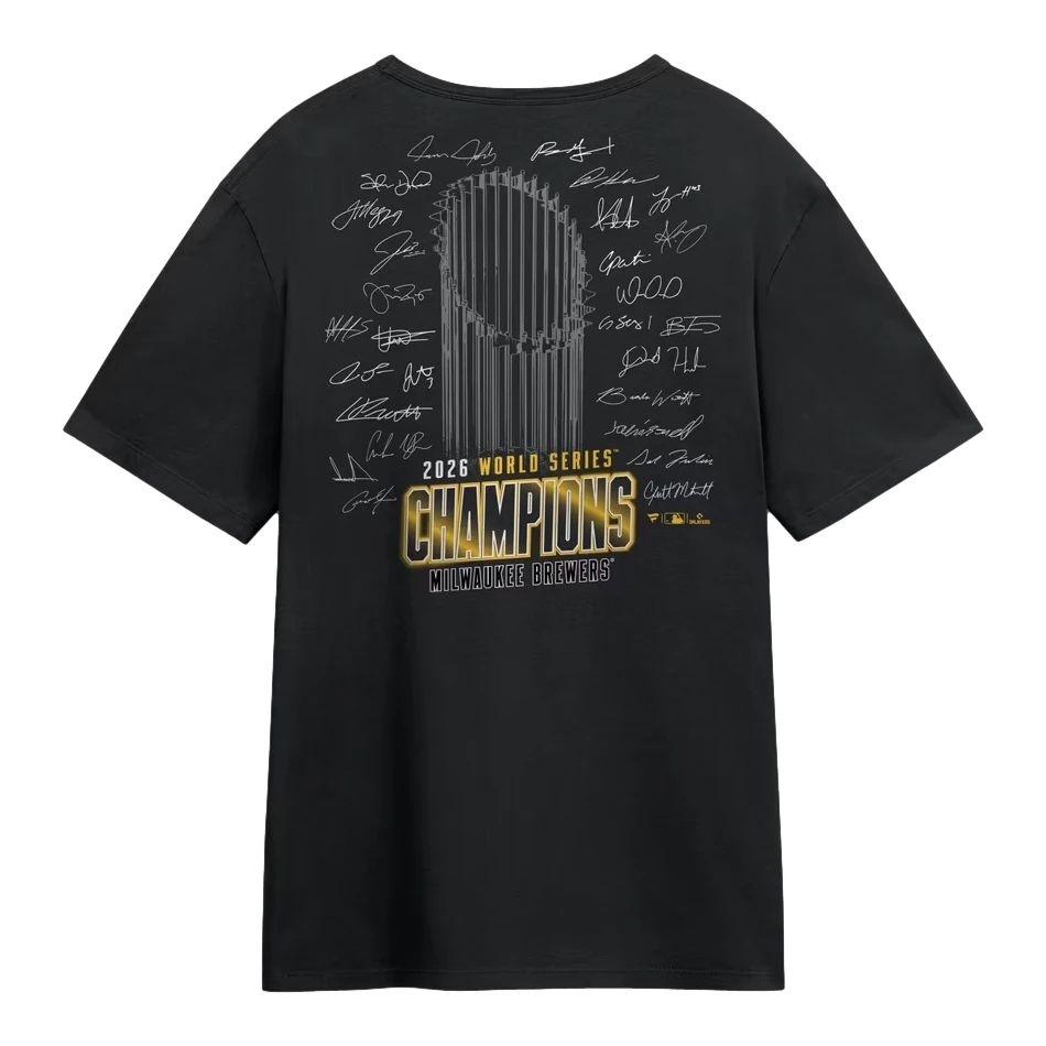 Men’s Fanatics Milwaukee Brewers 2026 World Series Champions Trophy Signature Roster Black Tee