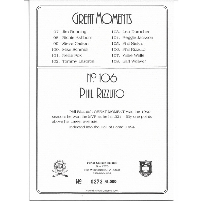 Phil Rizzuto Perez-Steele Hall of Fame Great Moments Limited Edition Jumbo Postcard # 106