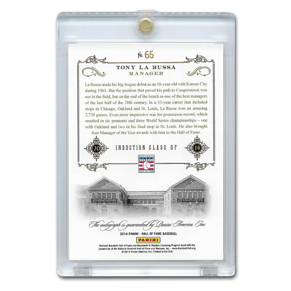 Tony La Russa Autographed Card 2014 Panini Cooperstown HOF 75th Anniversary # 65