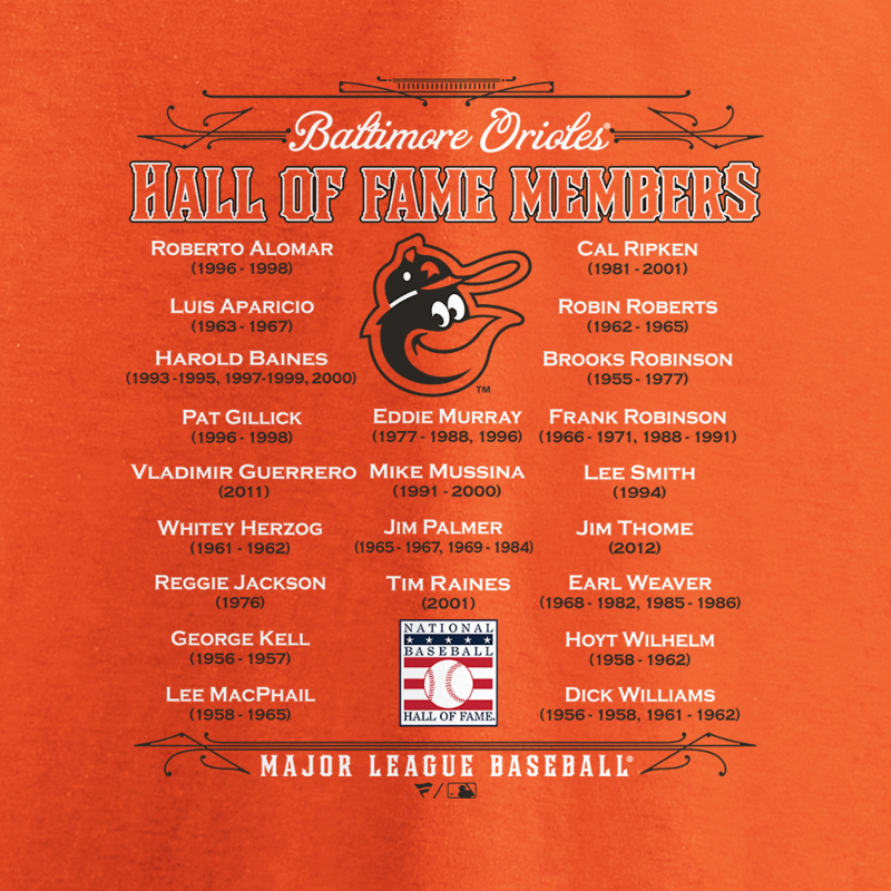 Men’s Baltimore Orioles Orange Team Hall of Famer Roster T-Shirt