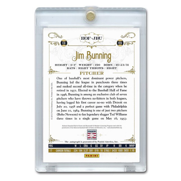 Jim Bunning Autographed Card 2012 Panini Cooperstown Ltd Ed 350