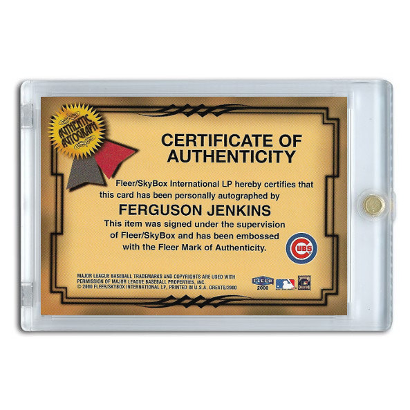 Fergie Jenkins Autographed Card 2000 Fleer Greats of the Game