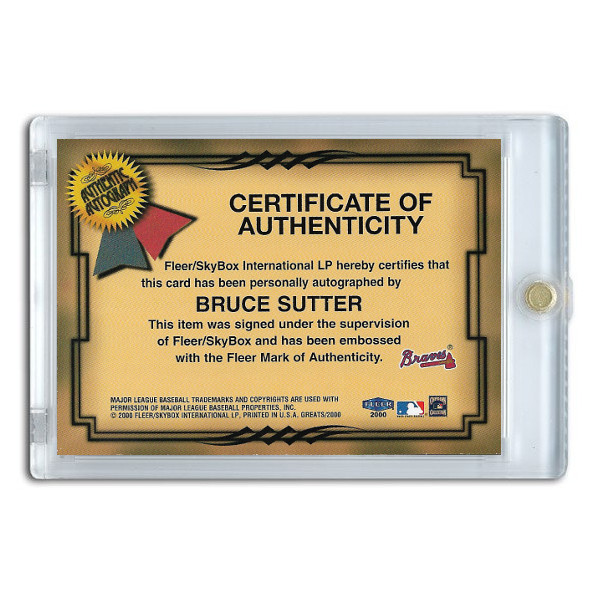 Bruce Sutter Autographed Card 2000 Fleer Greats of the Game