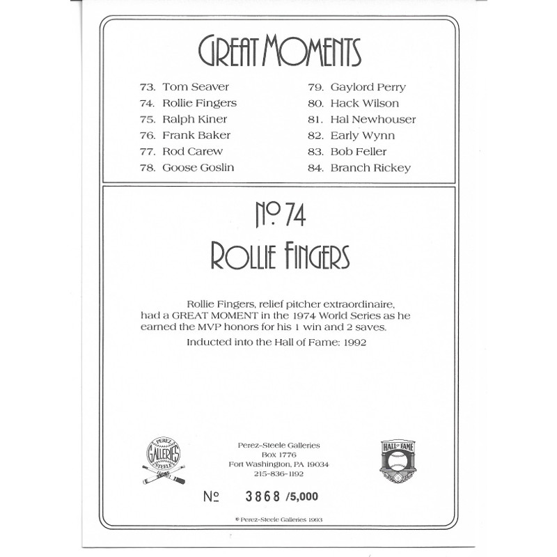 Rollie Fingers Perez-Steele Hall of Fame Great Moments Limited Edition Jumbo Postcard # 74