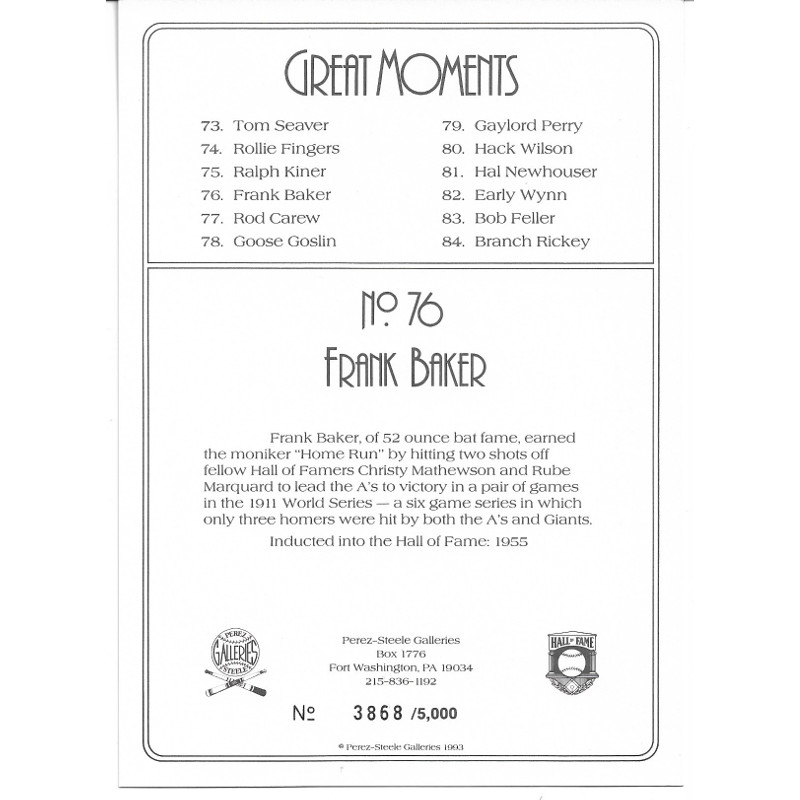 Frank Baker Perez-Steele Hall of Fame Great Moments Limited Edition Jumbo Postcard # 76