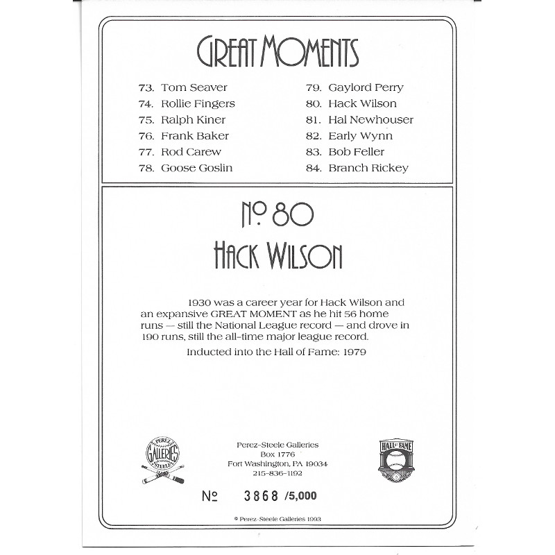 Hack Wilson Perez-Steele Hall of Fame Great Moments Limited Edition Jumbo Postcard # 80