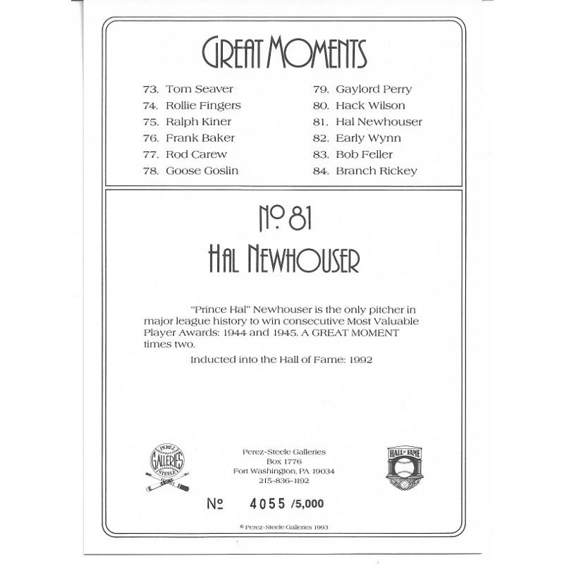 Hal Newhouser Perez-Steele Hall of Fame Great Moments Limited Edition Jumbo Postcard # 81