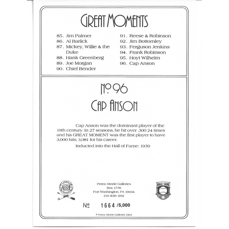 Cap Anson Perez-Steele Hall of Fame Great Moments Limited Edition Jumbo Postcard # 96