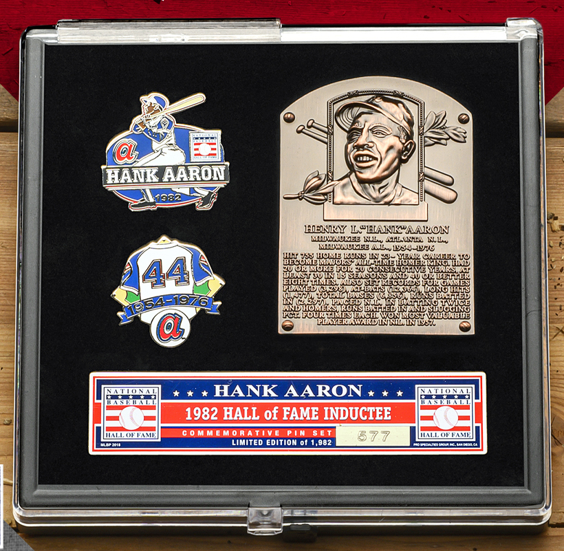 Hank Aaron Hall of Fame Exclusive 3 Piece Pin Set with Plaque Bust Ltd Ed of 1,982 Hank Aaron Hall of Fame Exclusive 3 Piece Pin Set with Plaque Bust Ltd Ed of 1,982