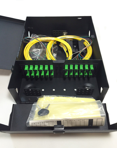 FPW0424SM2SCA13M Fiber Distribution Panel loaded with 24 OS2 SM SCA Simplex with Fiber Spool and 3M Pigtails