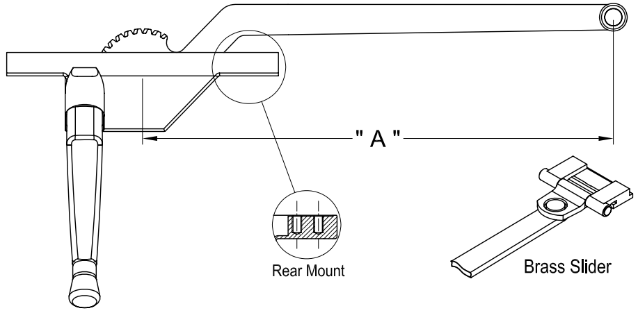 Acme Window Hardware Single Arm Pivot Shoe Awning Operator Measurement Diagram | OGS - Ontario Glazing Supplies