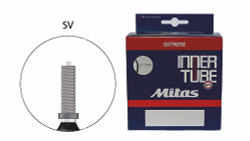 Mitas 2.25-16 standard butyl inner tube type Moped with a wall thickness of 1.30 mm and available in various widths. SV40 valve type is a Presta valve with a 40mm length.