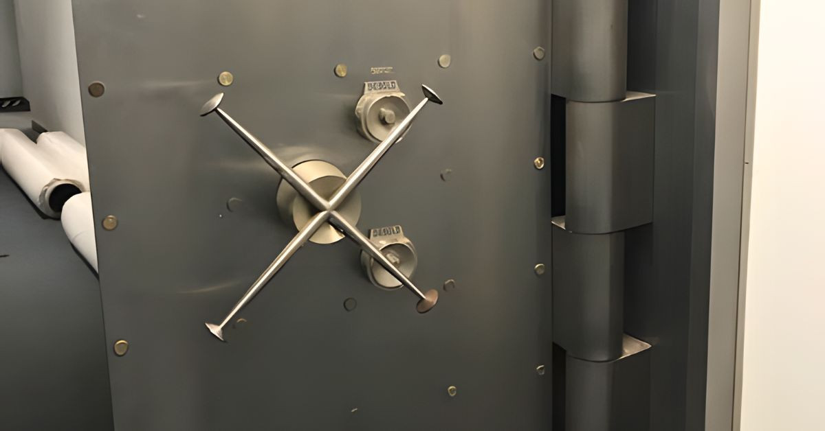 Close view of bank vault door hardware