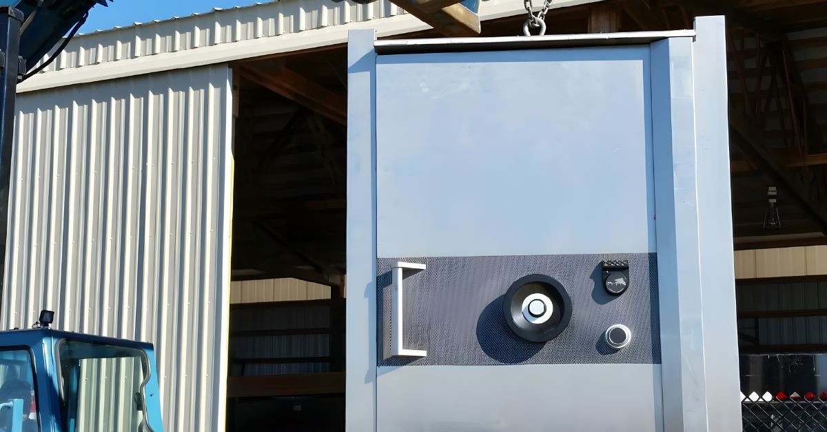 Vault door staged near a shipping container