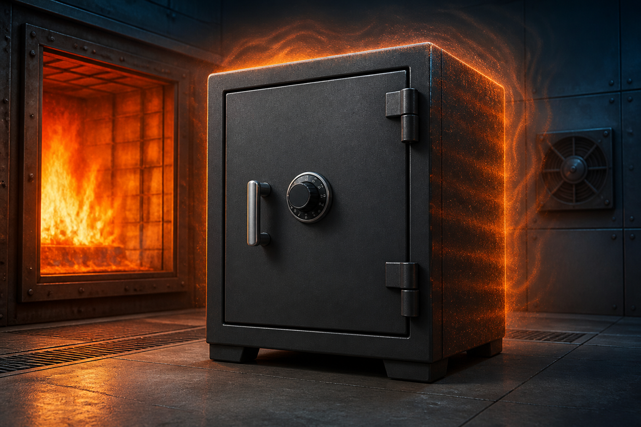 Fire-rated steel safe in a controlled fire-test chamber