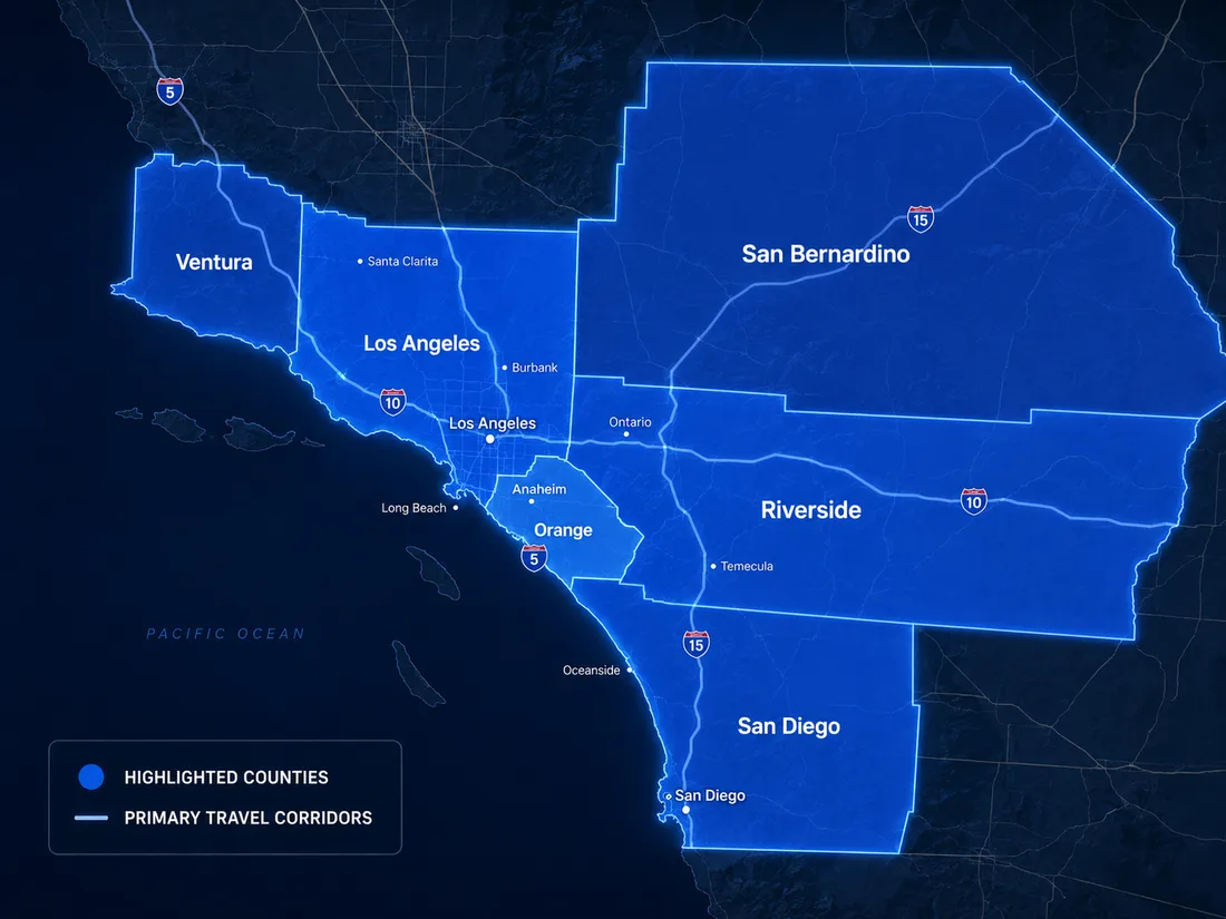 Map of Boswell service area covering Ventura, Los Angeles, Orange, Riverside, San Bernardino, and San Diego counties.