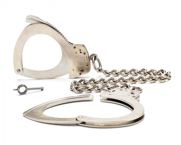 Smith & Wesson® leg irons feature satin nickel finished steel to securely restrain prisoners. These over-sized leg irons feature a 14", high-security heat-treated chain and elliptically contoured satin nickel cuffs.