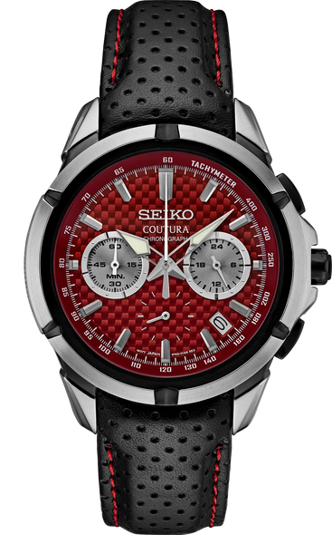 Seiko SSB435 Coutura Chronograph RED Dial Steel 43mm Quartz Watch Stainless Steel Case Leather Strap