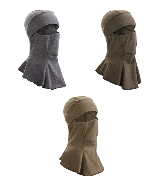 A flame resistant balaclava that is worn when conducting Direct Action tasks that will provide user protection from flame/incendiaries. An ergonomic design and flat seam construction techniques allow for enhanced comfort when worn in conjunction with a helmet, eye protection, ear protection and/or O2 mask. FR mesh materials and construction techniques, allowing the balaclava to be worn in either an eyes exposed only or full face exposed manner, allows for enhanced ventilation that mitigates overheating and undue fog/moisture build-up on eye protection.