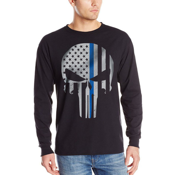 Thin Blue Line Skull Long Sleeve Black T-Shirts