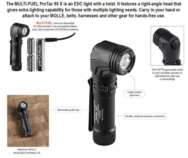Streamlight ProTac 90X Right Angle Multi-Fuel Programable USB Rechargeable Flashlights 1000 Lumens