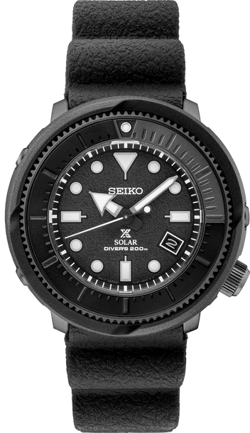 This Seiko PROSPEX "Street Series" is just the latest innovative design inspired by the original 1975 Seiko diver’s, this new timepiece features the same iconic case protector, in a more compact urban sporty style.  The SNE567 wristwatch is a diving piece with a 200 meter water resistance and screw down crown strategically positioned at 4:00 for increased comfort that provides added security against moisture and dirt intrusion. Equipped with a bi-colored black and grey aluminum rotating uni-directional 120 click elapsed timing bezel, meets ISO standards for scuba diving. The 46.7mm black stainless steel case has a durable, light-weight high-tech protective shell exterior with decorative black-ion metal rivets. A black distressed patterned dial with high-visible luminous hands, markers and appendages makes this wrist watch easily readable in any environment. Seiko's own V157 caliber is powered by light with a 10-month power reserve once fully charged. Fitted with a black vintage leather patterned rubber silicone accordion shaped strap with tang buckle with black ion finished safety keeper to keep your watch secure and in place.

The PROSPEX "Street Collection" is a modern take on the classic Seiko brand with innovative and modern style that is perfectly suited for urban living and a gold standard for watch enthusiast of all capacities.