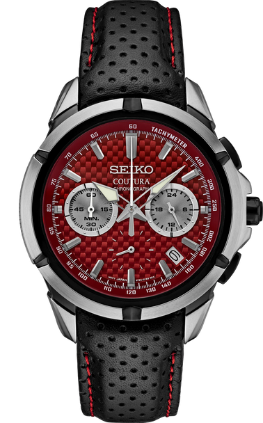 Seiko SSB435 Coutura Chronograph RED Dial Steel 43mm Quartz Watch Stainless Steel Case Leather Strap