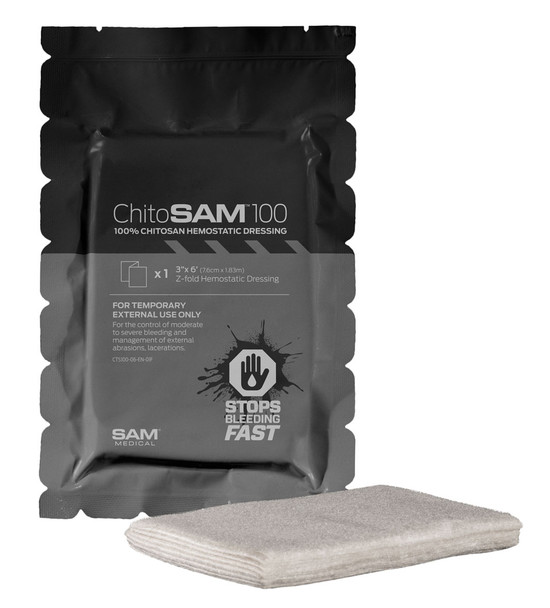 CHITOSAM,HEMOSTATIC DRESSING DESIGNED TO STOP BLEEDING FAST,ChitoSAM™ 100 is a high-performance hemostatic, non-woven chitosan dressing spun directly from chitosan derived from crustaceans or snow crab shells. Designed to control bleeding of lacerations, minor cuts and abrasions rapidly, its ease of use is extremely effective. Works independently from the body’s normal clotting processes.