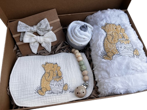 Winnie the Pooh Crib Blanket & Bib, Set of 2 Headbands, Silicone Pacifier Clip, and Onesie/Sock Cupcake