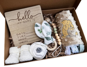 Winnie the Pooh Ribbon Security Blanket,  Birth Stat Wood Plaque, Silicone Pacifier Clip, Wood Rattle Teething Ring, Crochet Booties and Onesie/Sock Cupcake Winnie the Pooh Ribbon Security Blanket,  Birth Stat Wood Plaque, Silicone Pacifier Clip, Wood Rattle Teething Ring, Crochet Booties and Onesie/Sock Cupcake