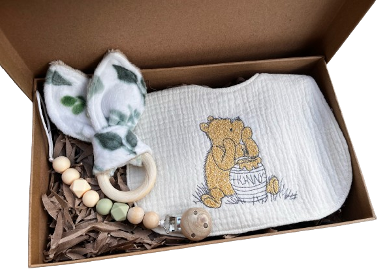  Winnie the Pooh Bib, Wood Teething Rattle, & Silicone Pacifier Clip