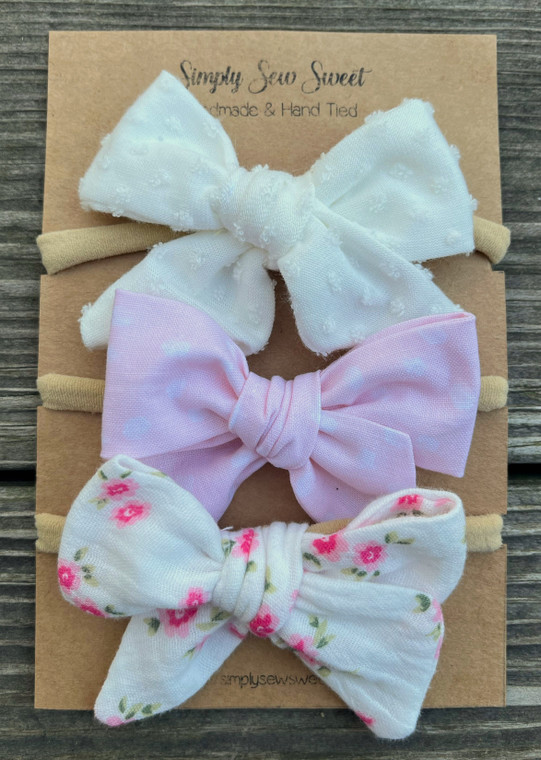 Pink & Off White Floral Bow Headband Set
