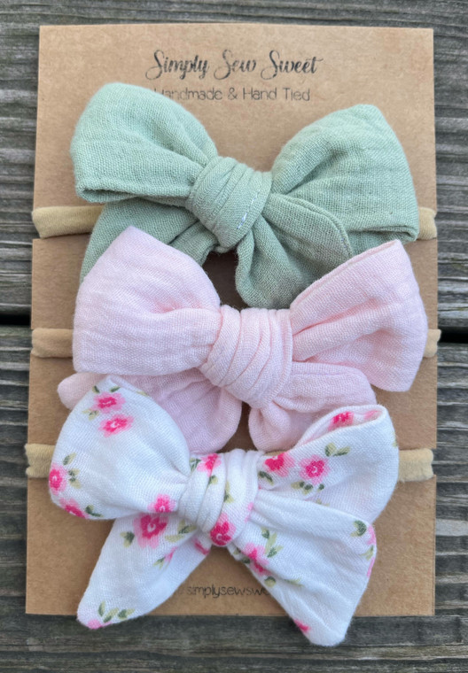 Pink & Green Floral Bow Headband Set