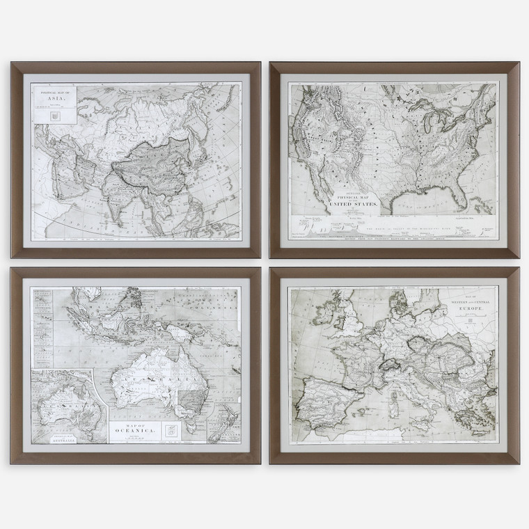 World Maps Framed Prints Set of 4